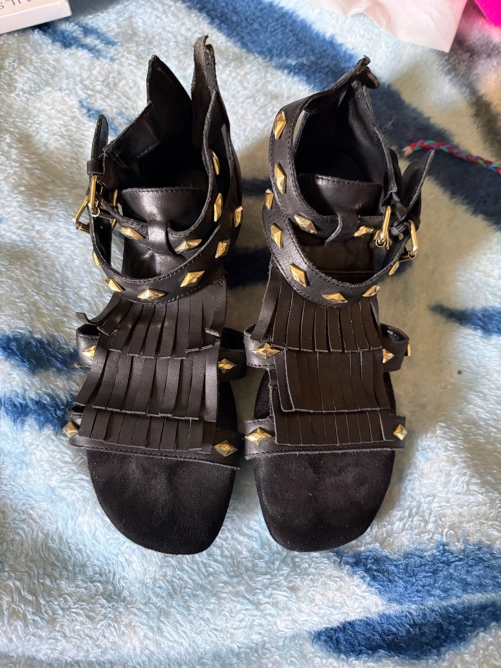 AEROSOLES Black Fringe Gladiator Sandals with Gold Studs